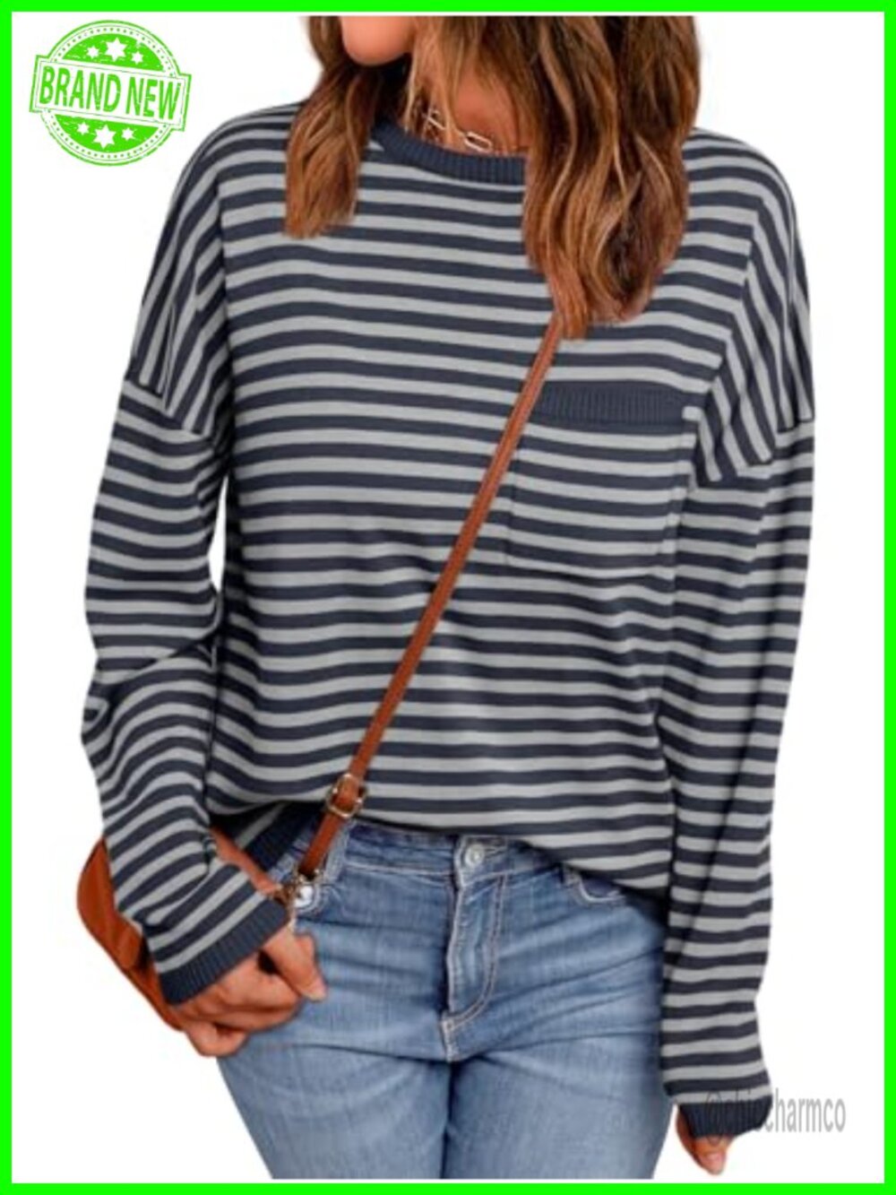 Striped Lightweight Knit Crew Neck Sweater with Chest Pocket